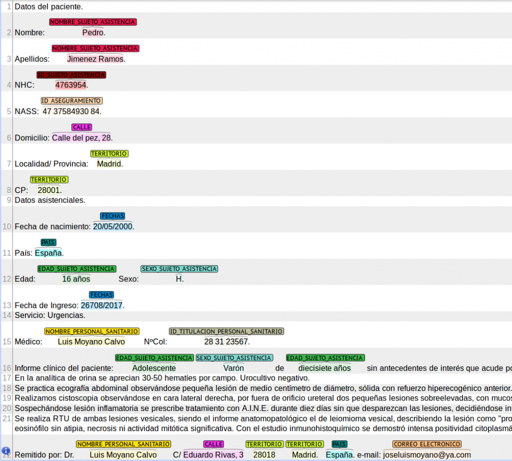 Figure 1: An example of MEDDOCAN annotation visualized using the BRAT annotation interface.