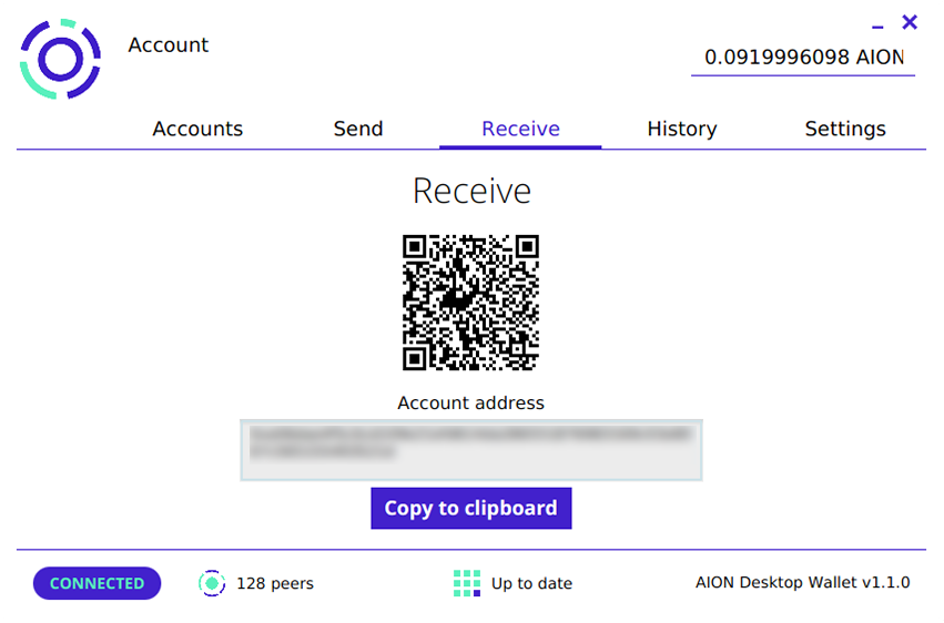 Image of the "Receive" tab showing the public account address and QR code