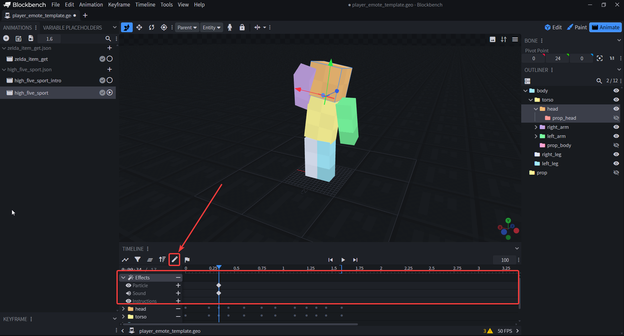 Effects row in Blockbench