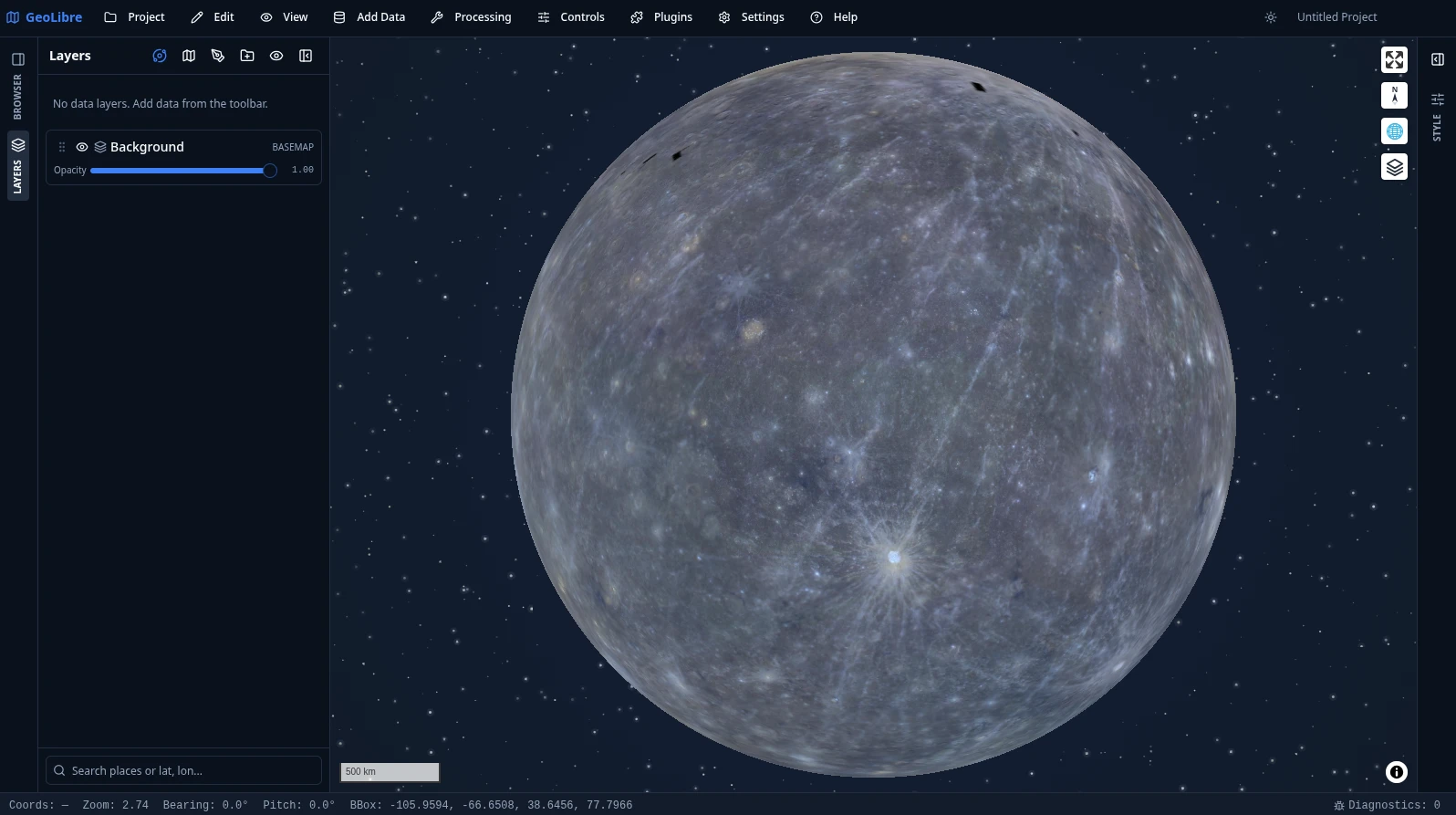 GeoLibre globe view of Mercury over a starfield backdrop