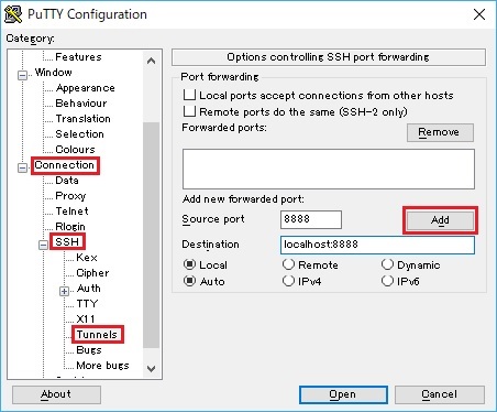 SSH Tunnel settings with putty