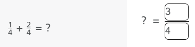 Example of an interactive fraction equation, one quarter plus two quarters, with two input fields stacked one above the other with a dividing line between the two fields, so a user can enter the fraction answer