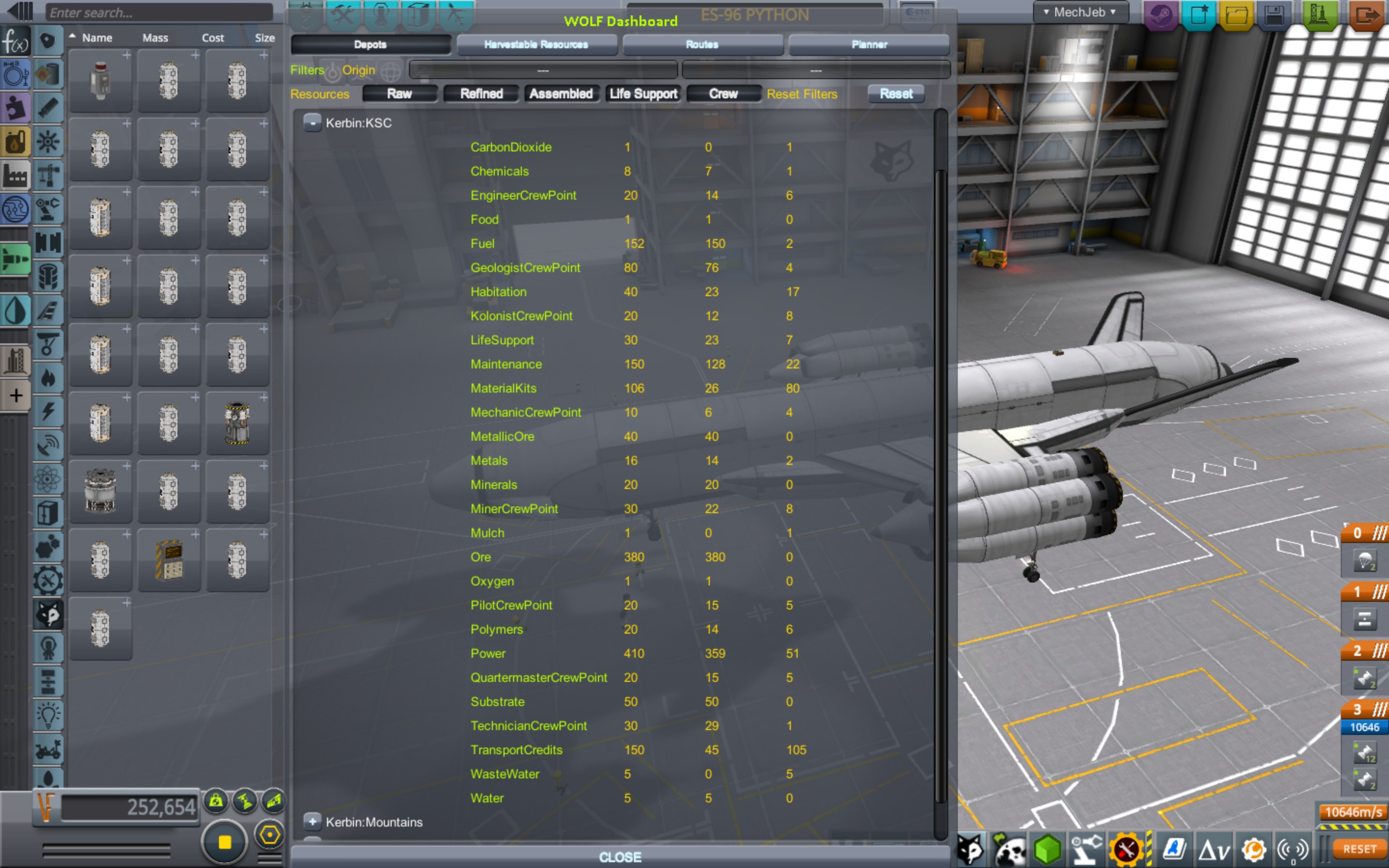 ES-96 Python in the SPH with WOLF Dashboard showing 105 transport credits available