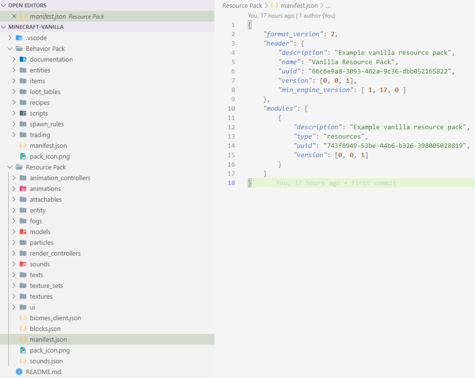 Screenshot of the folder structure and an open manifest file in Visual Studio Code.