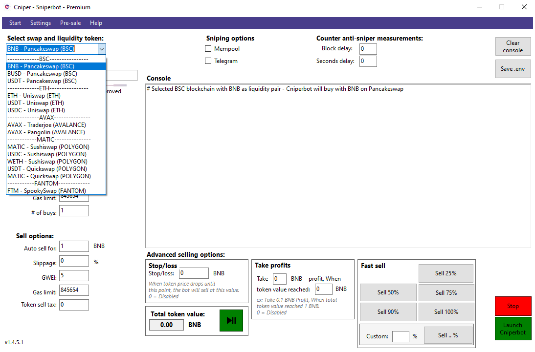 Cniper bot interface