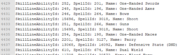 Debug log of SkillLineAbility records