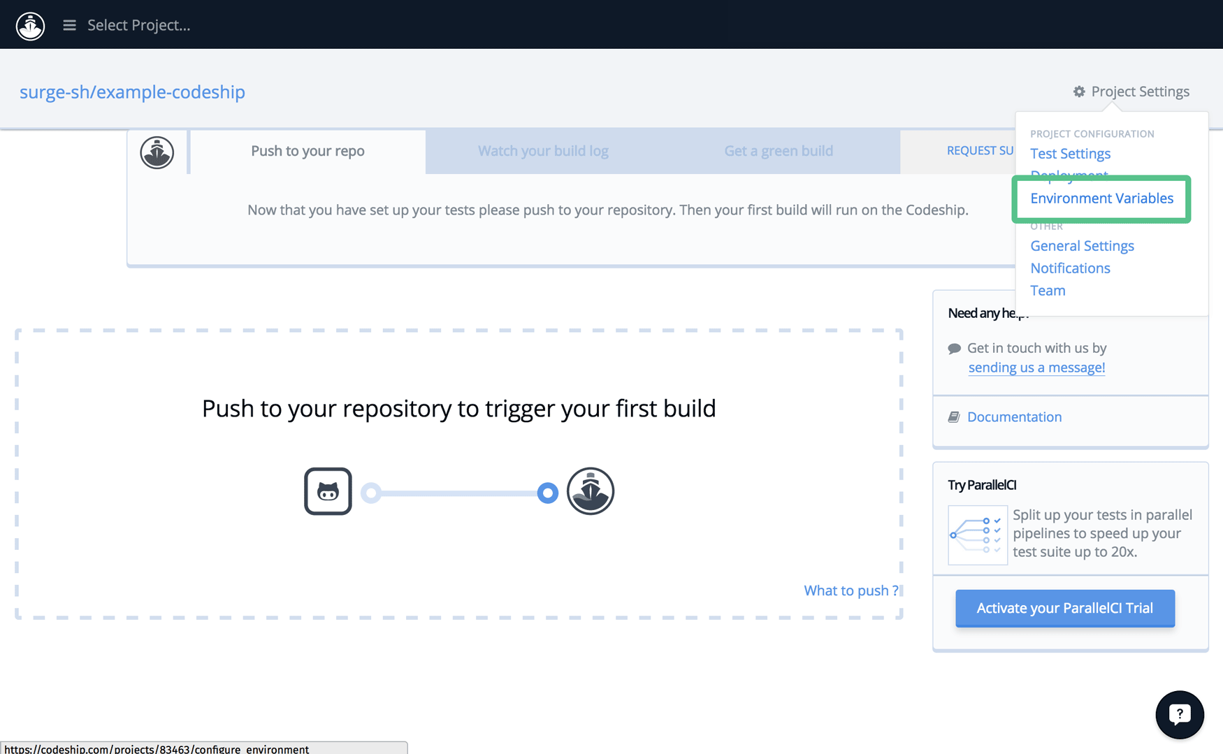 Environment Variables is listed under your project settings.