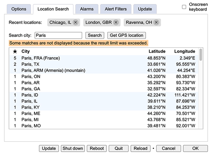 user settings screenshot - locations