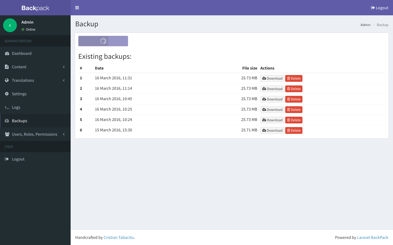 Backpack\BackupManager screenshot