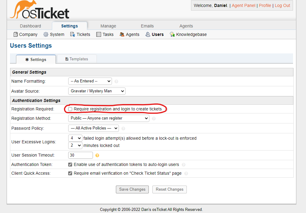 User Settings in osTicket