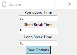 Screenshot of the options window