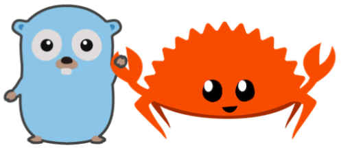 Ferris, the Rust crab, and the Go gopher holding hands