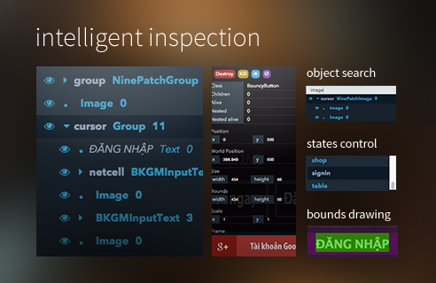 Intelligent Inspector with object tree, search and edit, state control and bounds drawing