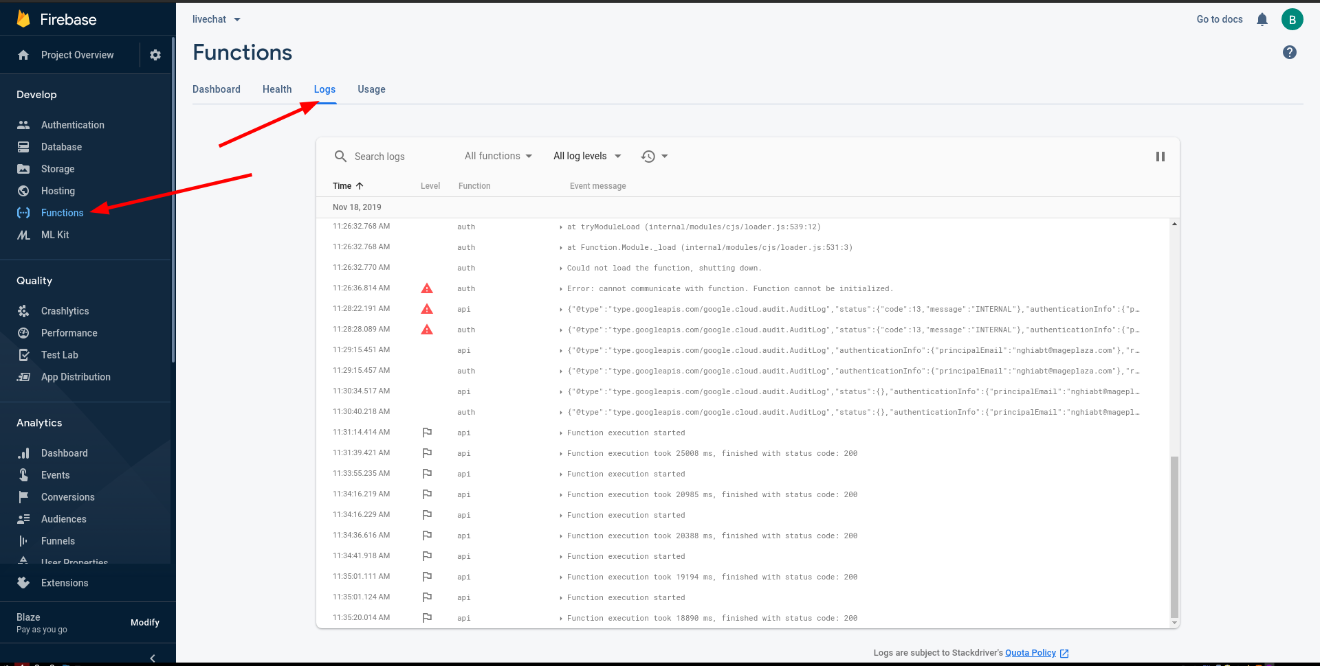 View all logs from Firebase web interface