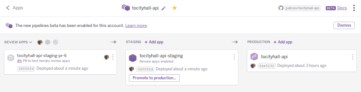 Heroku Pipeline screenshot