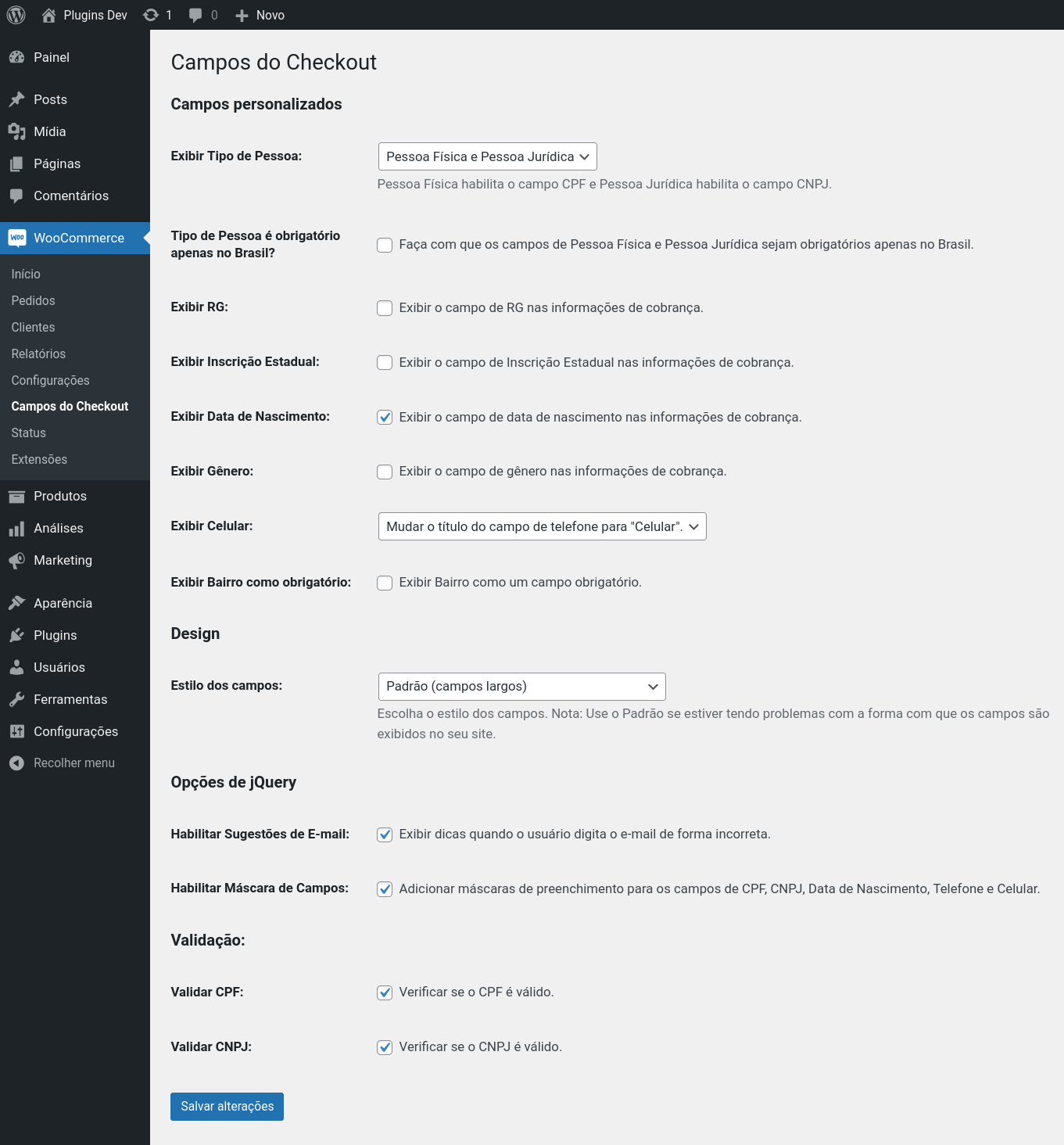 4. Configurações do plugin