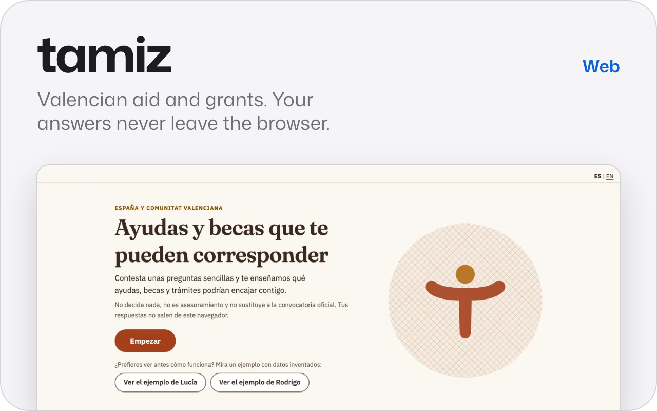 tamiz. Valencian aid and grants. Your answers never leave the browser. Shows the start page, in Spanish, with the headline about aid and grants you may qualify for and a button to start.