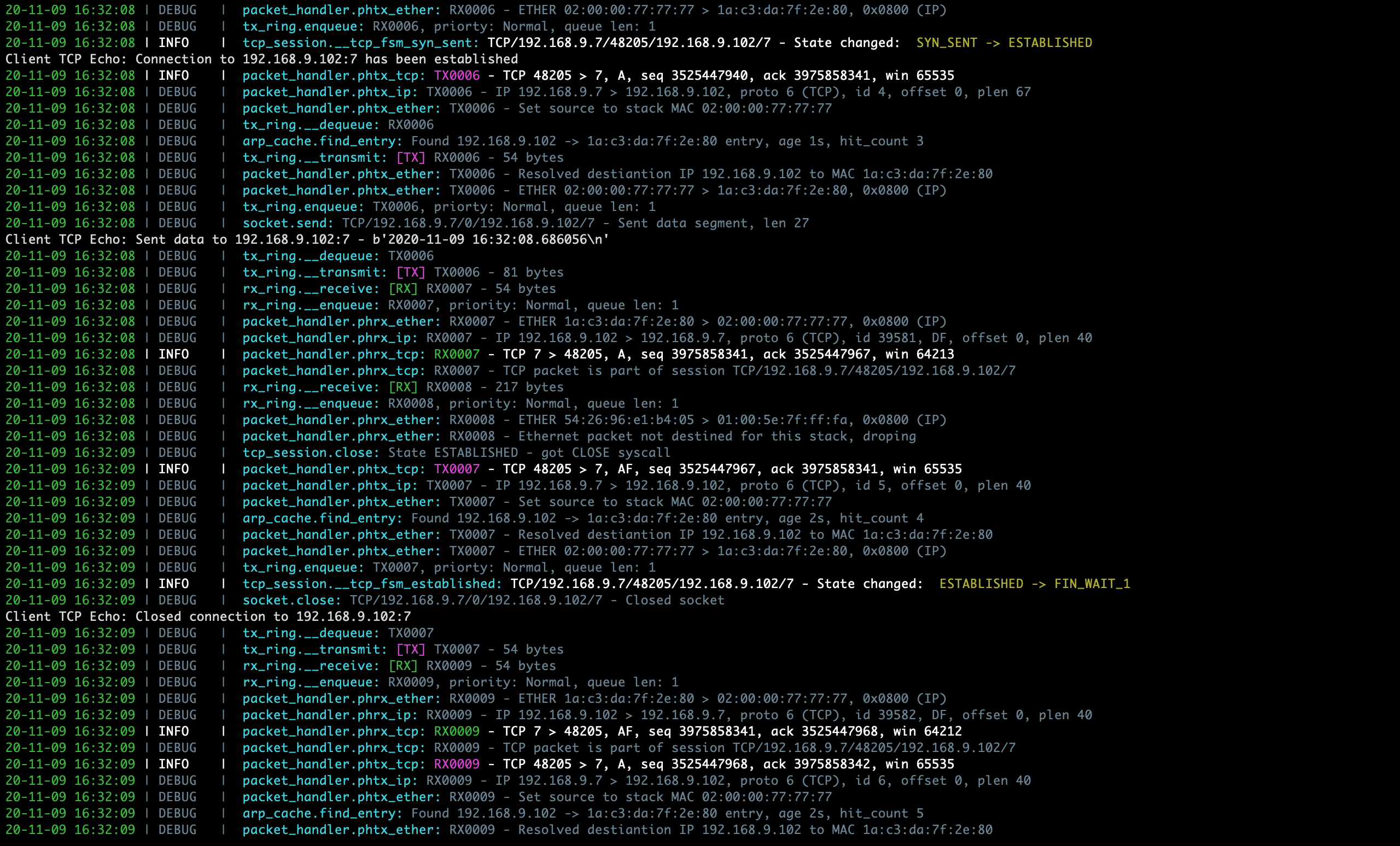 Sample PyTCP log output