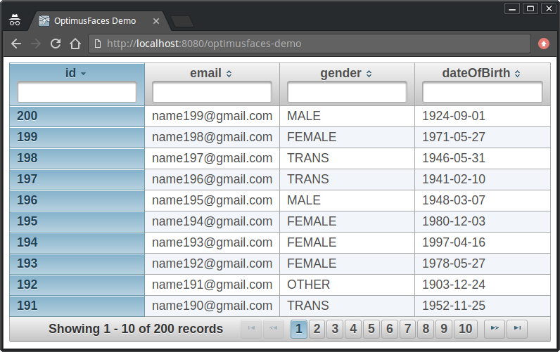 example of op:dataTable