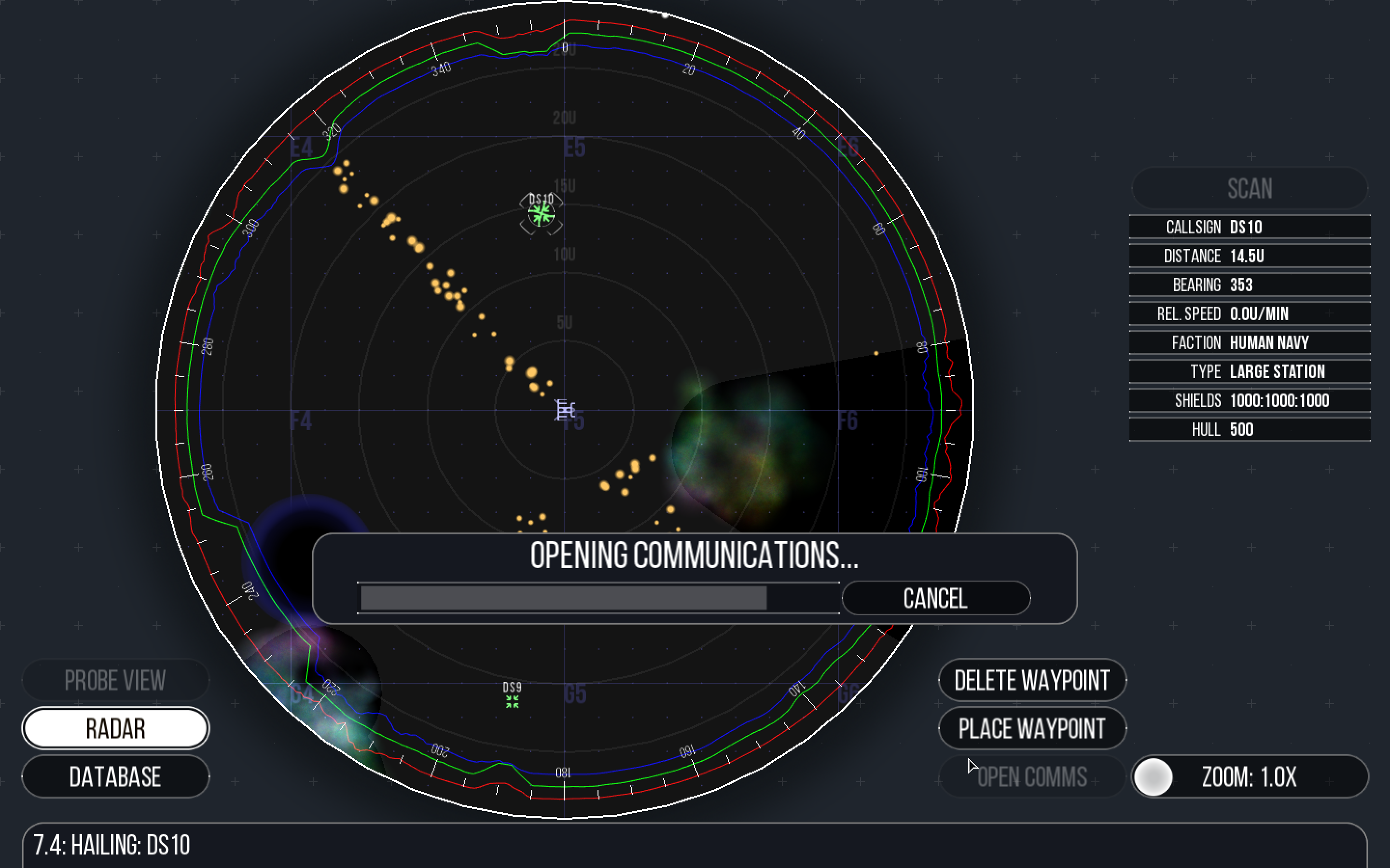 The Operations station, with scanning, waypoint, communications, and database functions