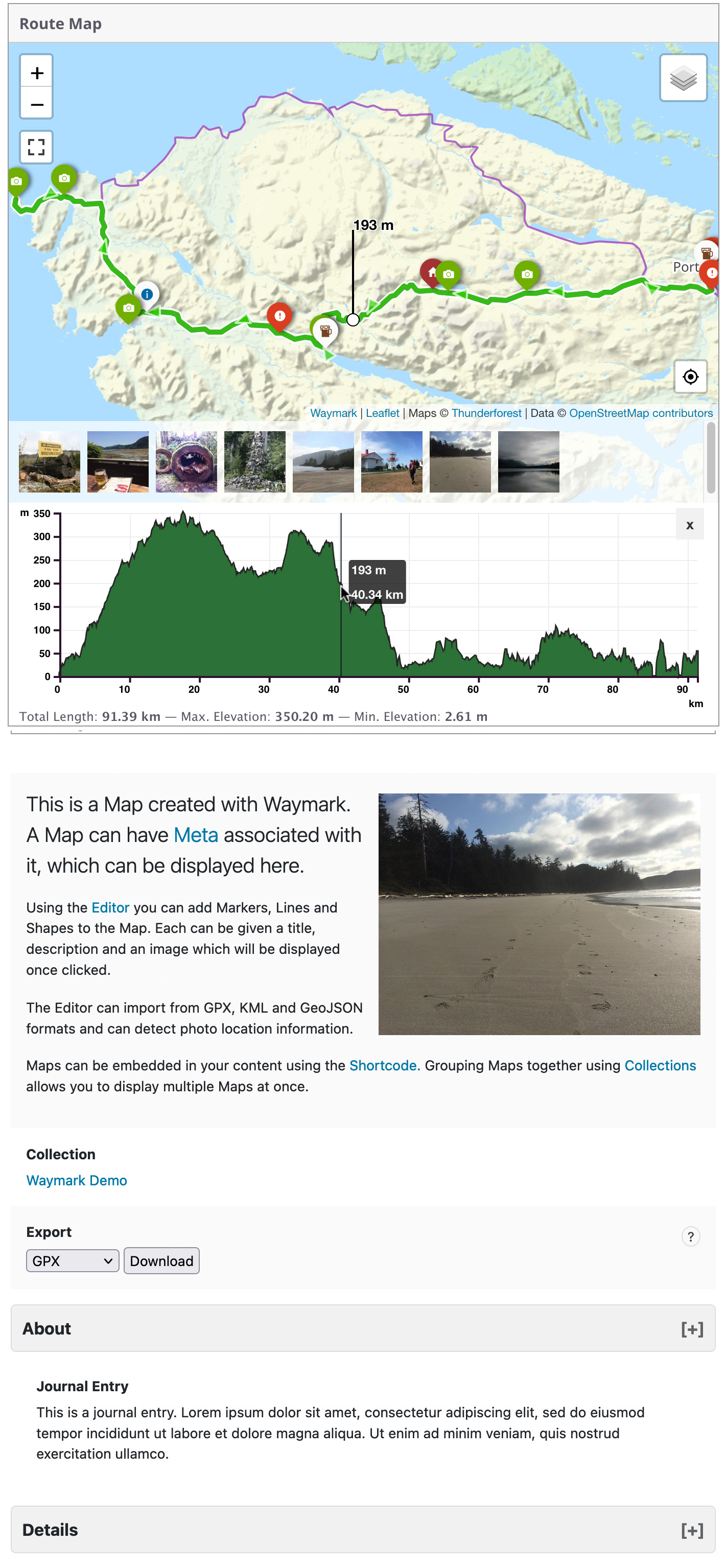 The Map Details page displays an image gallery, elevation profile, export options, featured image and all Meta provided for the Map.