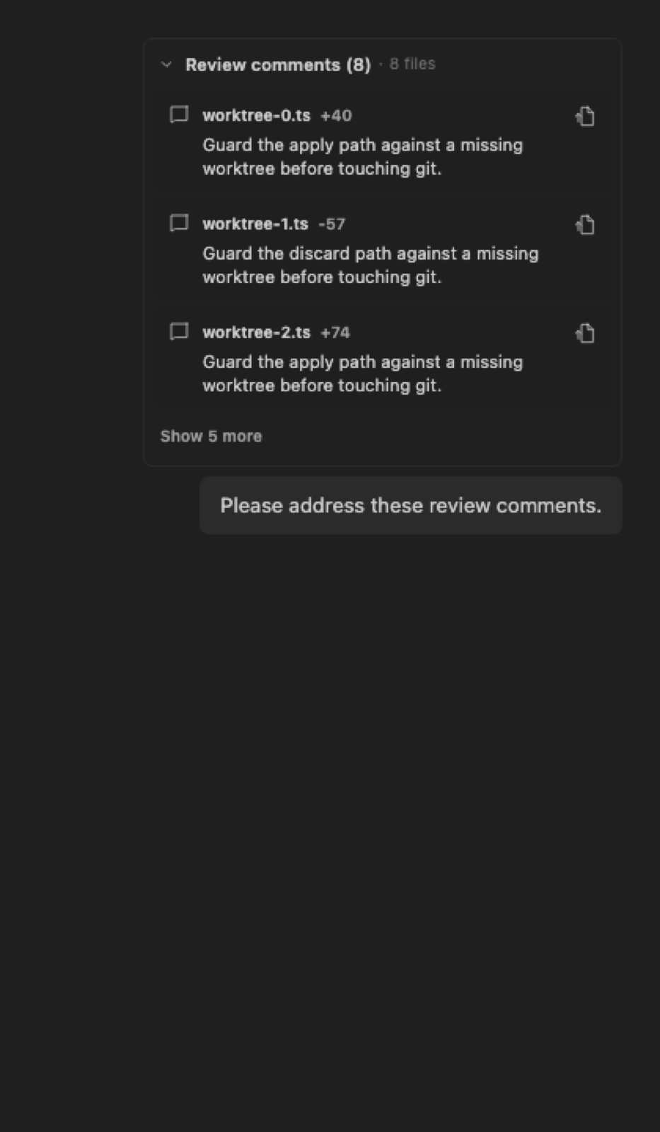 After: review comments have a 6px gap before the follow-up message