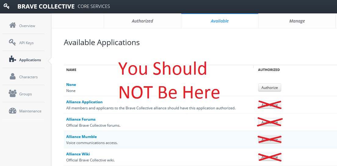 Do not Authorize from the Applications page