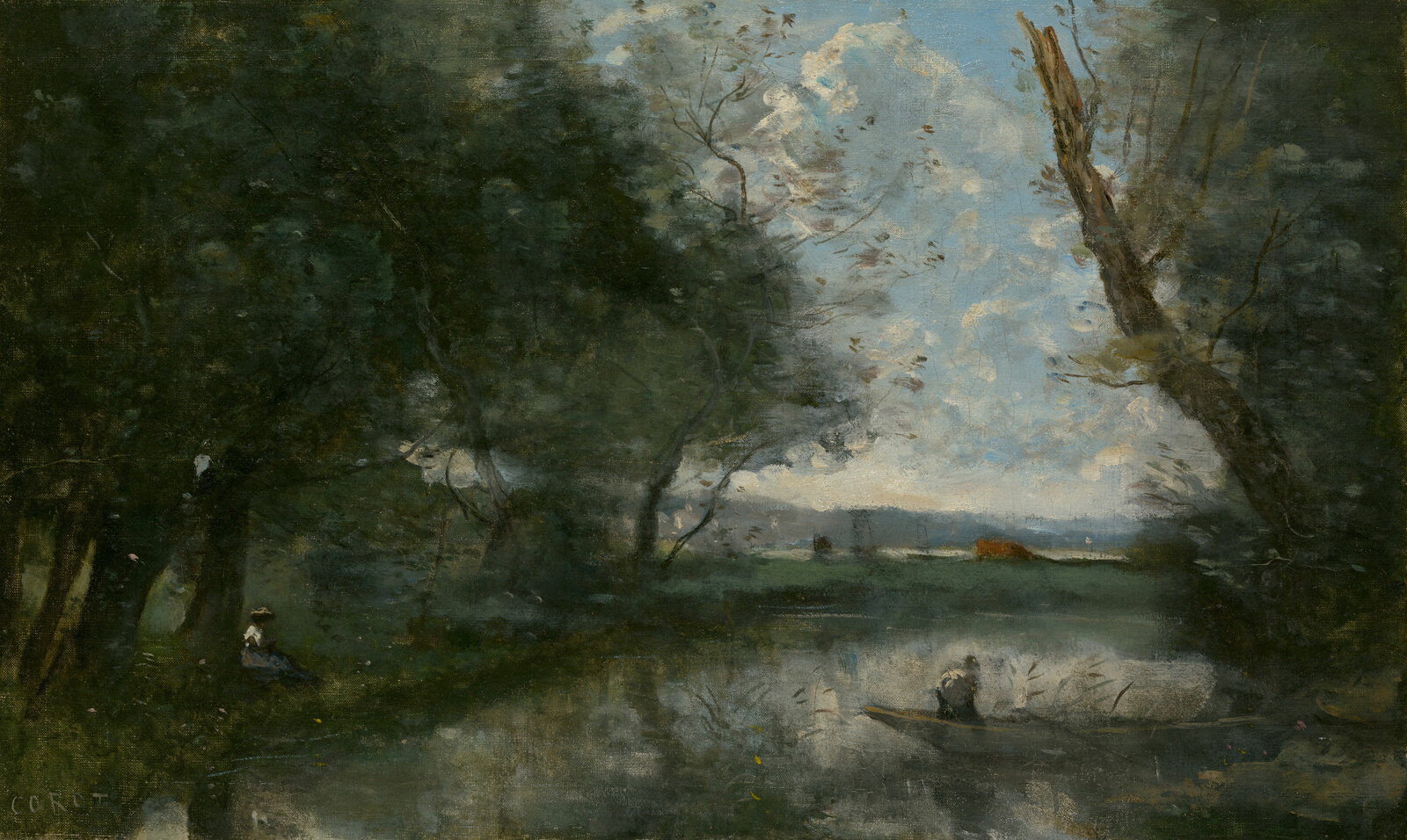 Camille Corot's Landscape: trees beside still water under a pale sky