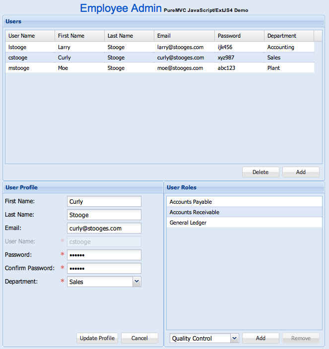 PureMVC JavaScript Demo: Employee Admin