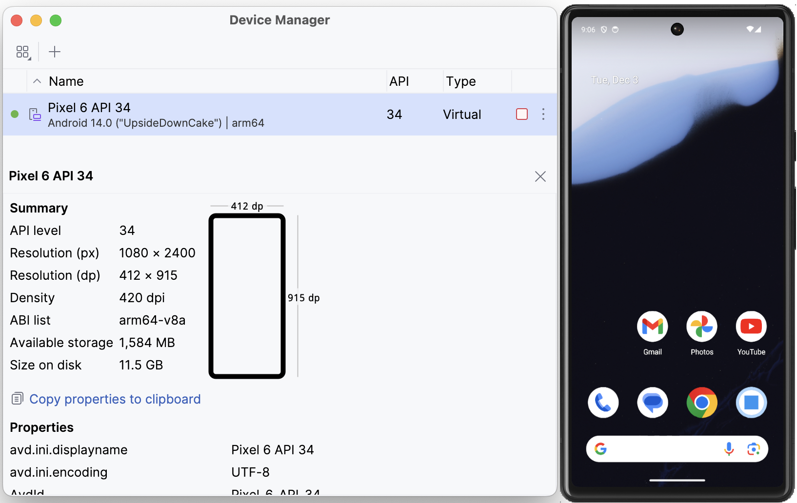 Screenshot of the Android Studio Device Manager