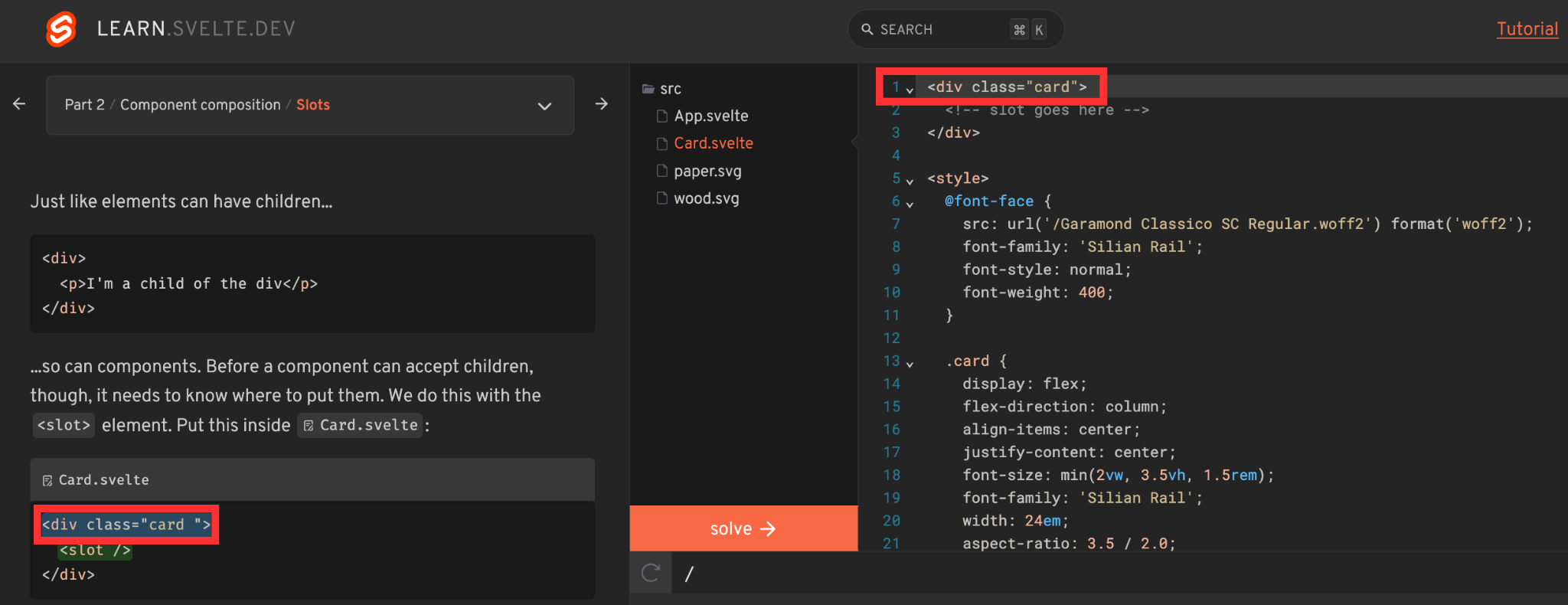 Learning Svelte interactive tutorial website, slots section difference between docs and code