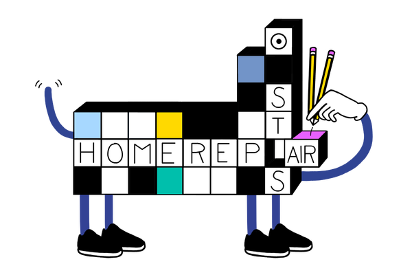 An illustration of a piece of a crossword grid in the shape of a dog, showing a rebus grid element. 