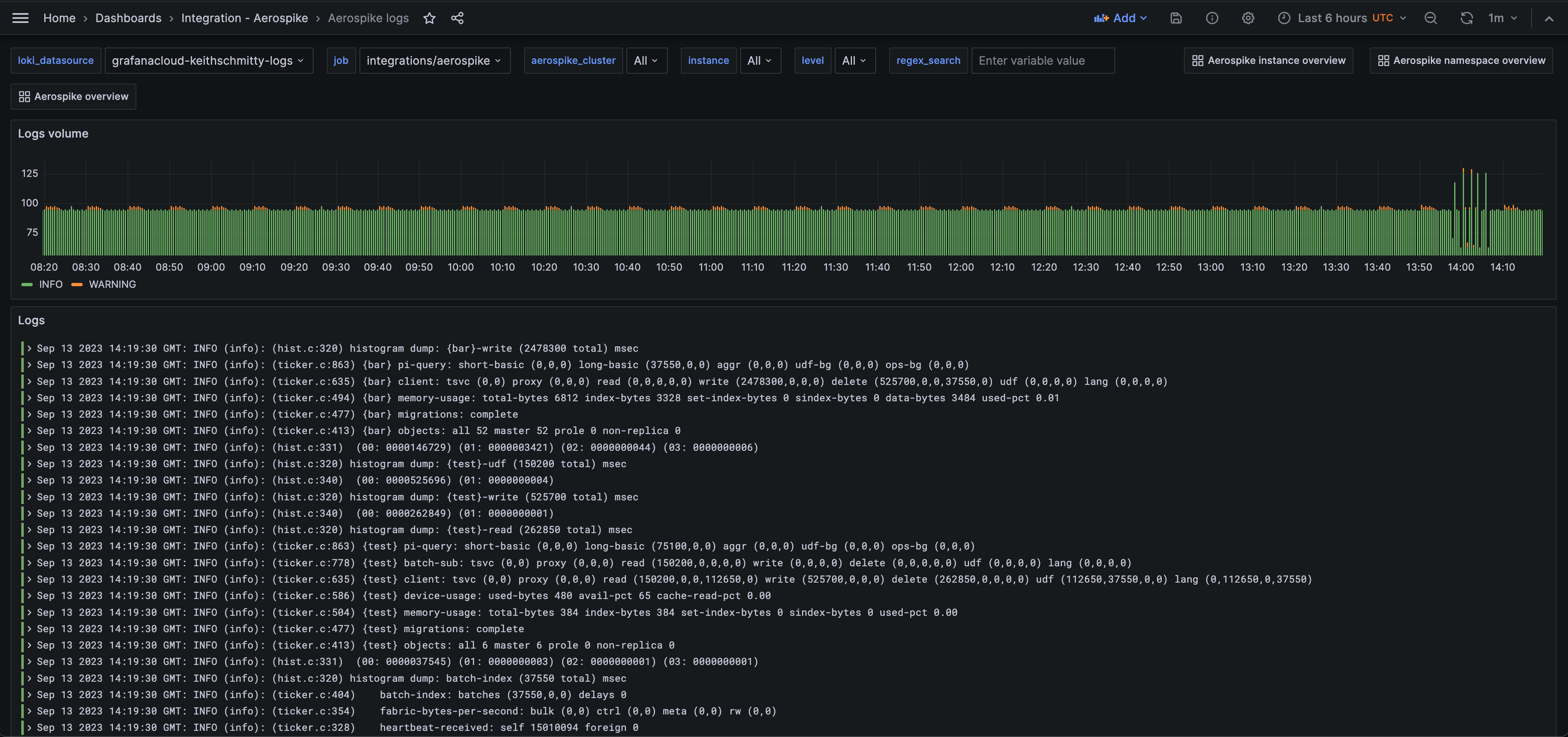 First screenshot of the Aerospike logs dashboard