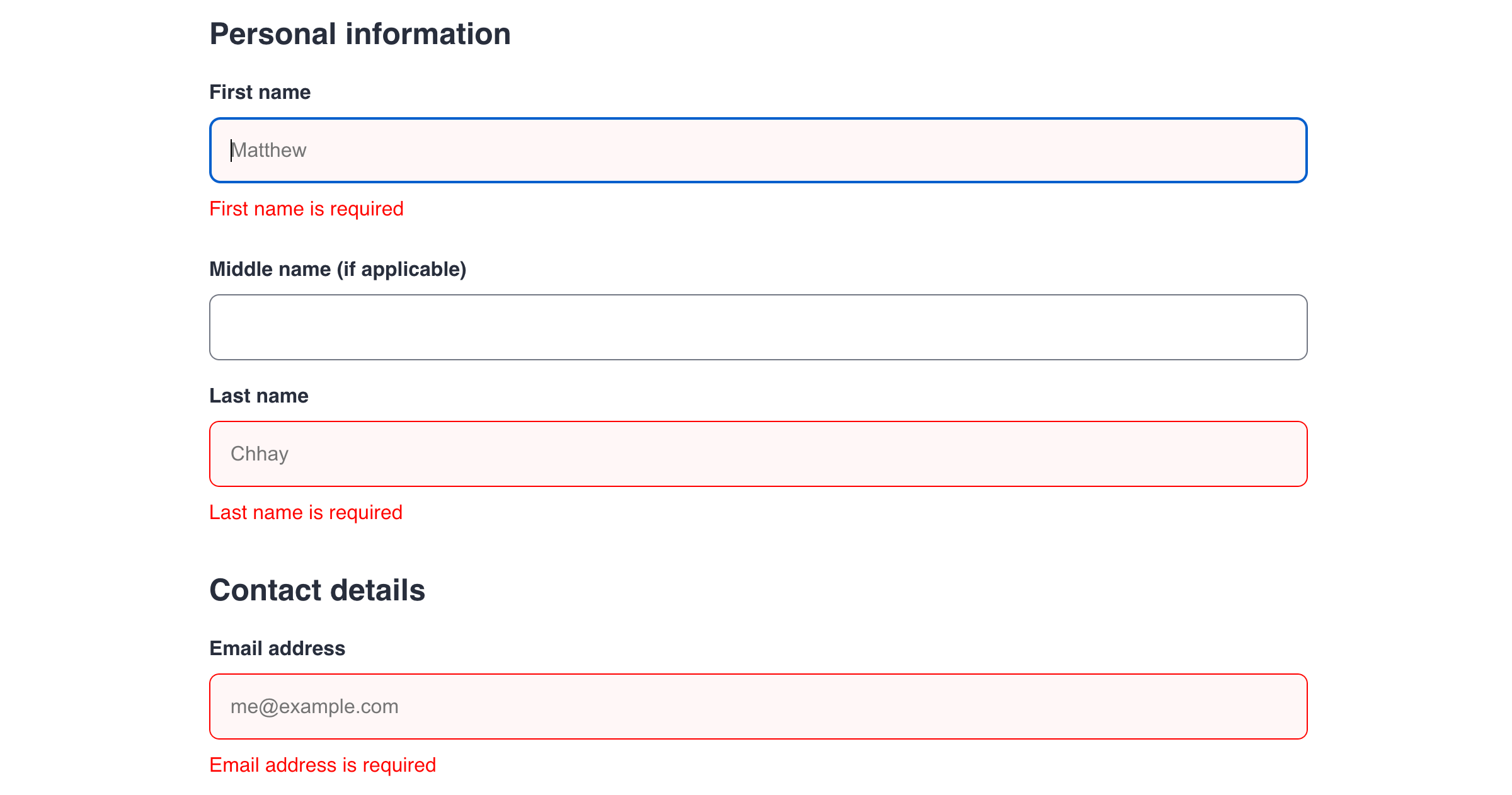 Employee details with inline validation