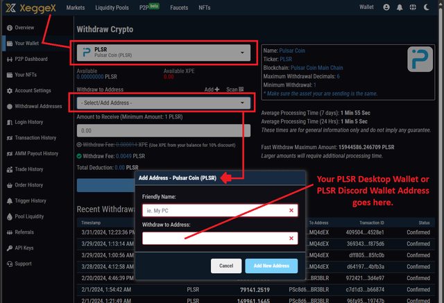 Withdrawal PLSR from XeggeX to PLSR Desktop wallet or PLSR Discord wallet address 02