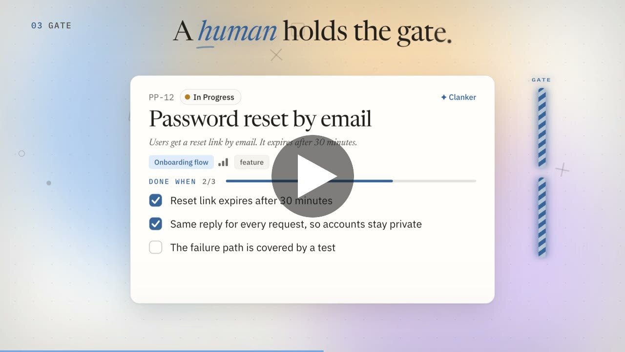 Play the 39-second tour of DoneWhen: track the work, understand it at a glance, a human holds the gate, check it again later