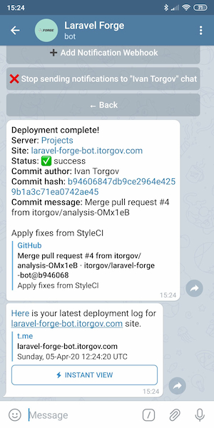 Notification and deployment log example
