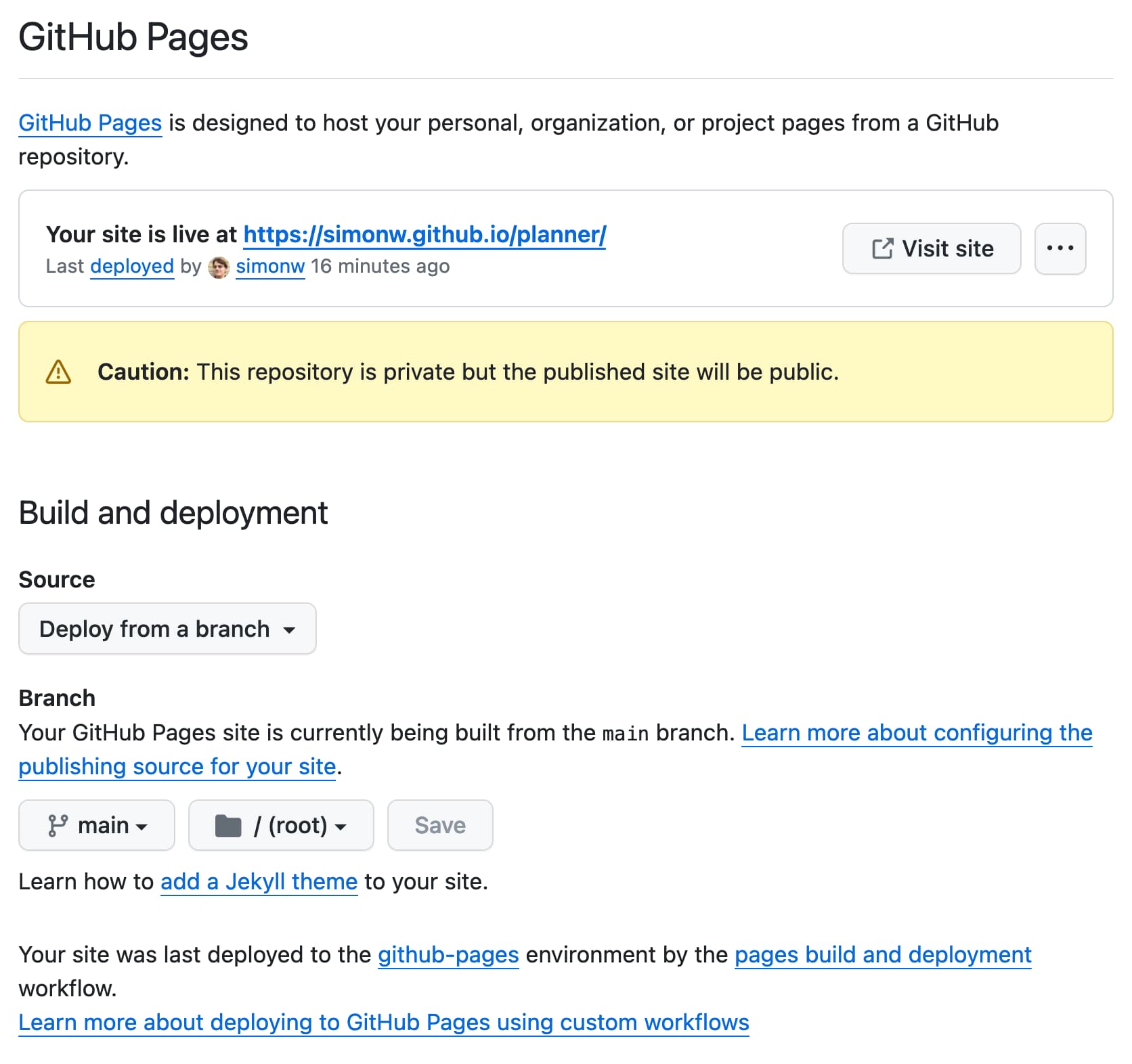 GitHub Pages settings - source is Deploy from a branch, it says my site is now live at simonw.github.io/planner