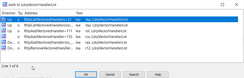 Vectored handler list xrefs