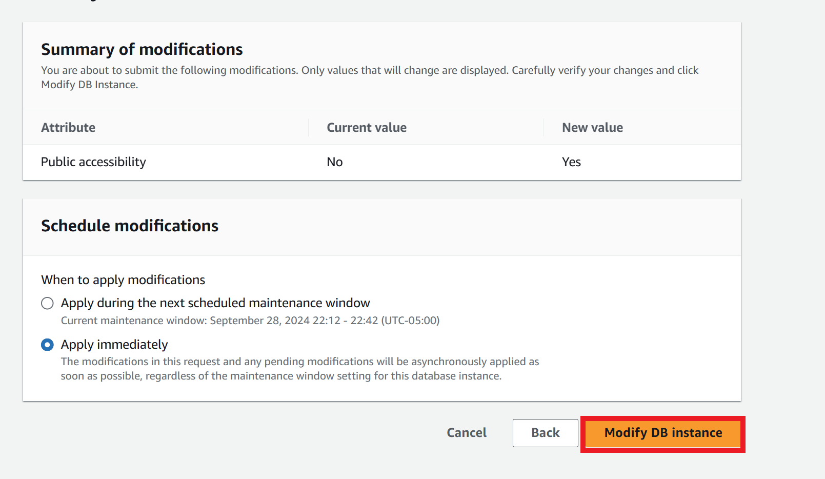 Clicking on 'Modify DB instance'.