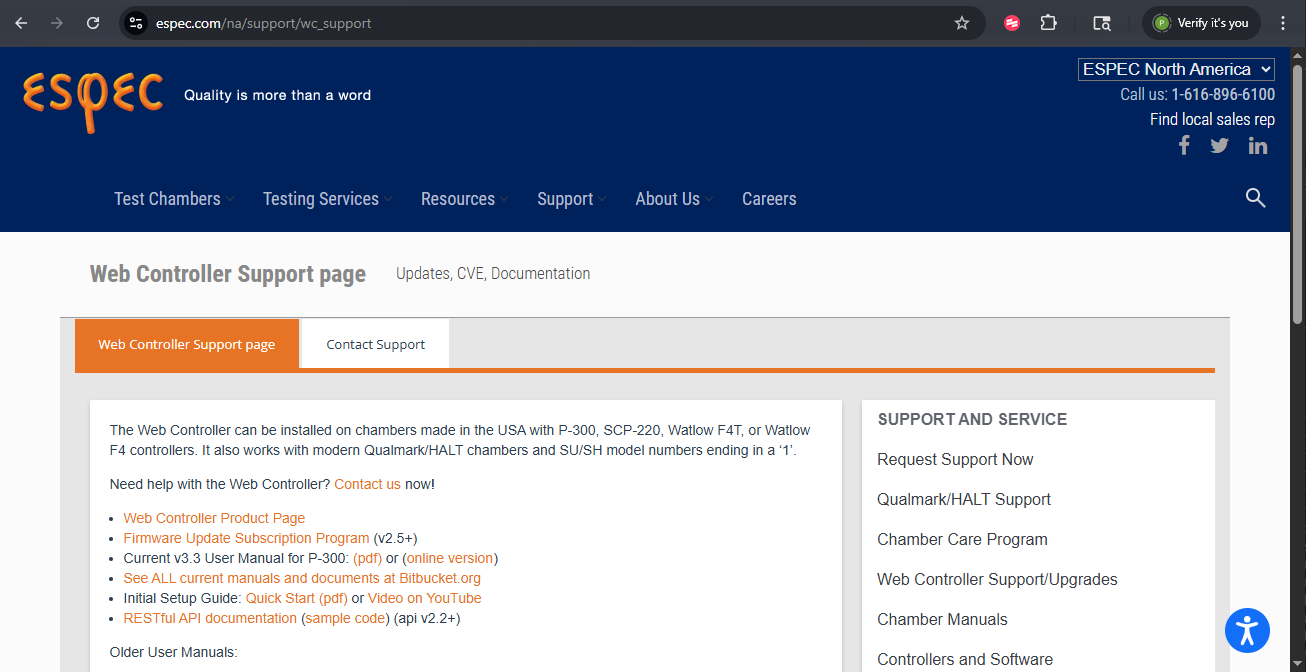 ESPEC customer support page