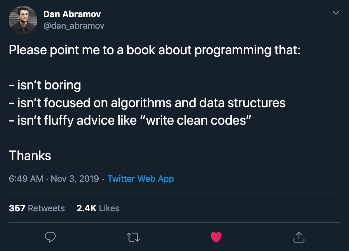 Please point me to a book about programming that: - isn’t boring - isn’t focused on algorithms and data structures - isn’t fluffy advice like “write clean codes” Thanks