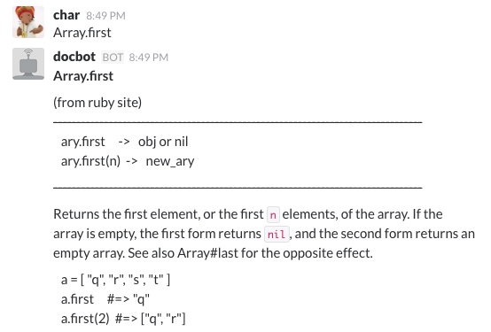 An example of the bot being used. A user queries for Array.first and the ri definition of Array.first is returned.