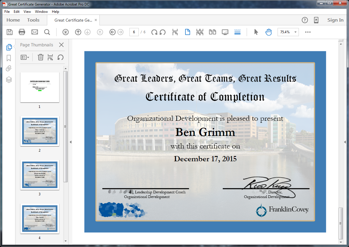 Screenshot of Acrobat Pro showing pages panel filled with multiple new custom certificates