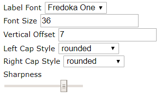 close up of the property controls including font, font-size, vertical offset, left and right cap style and sharpness controls 