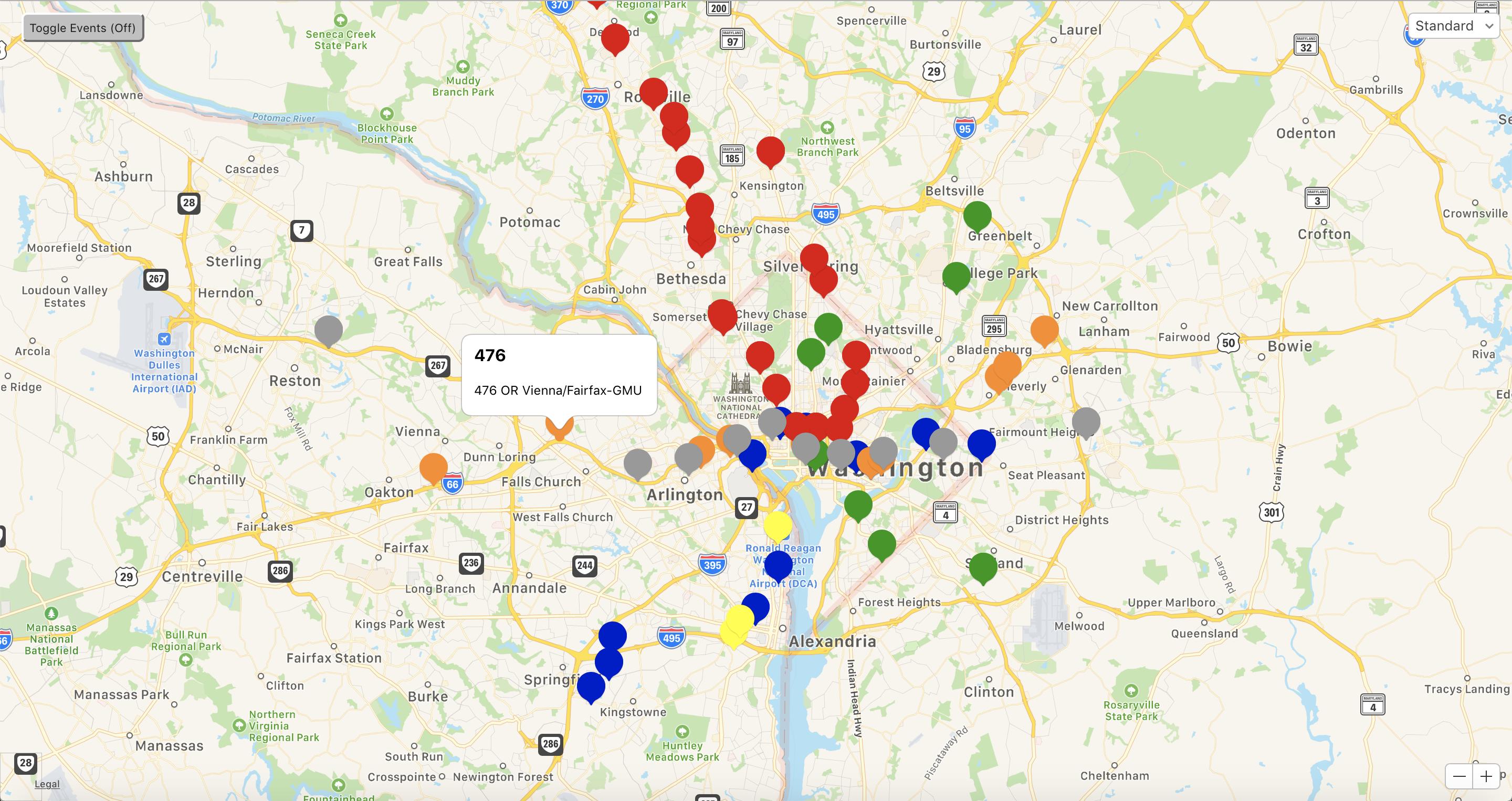 Screenshot of map showing metro trains