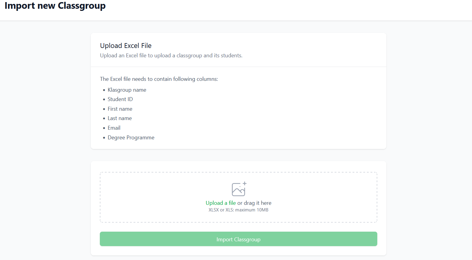 Upload excel page