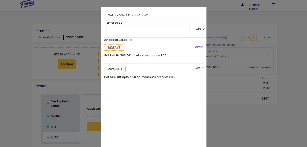 Faasos.com Cart page