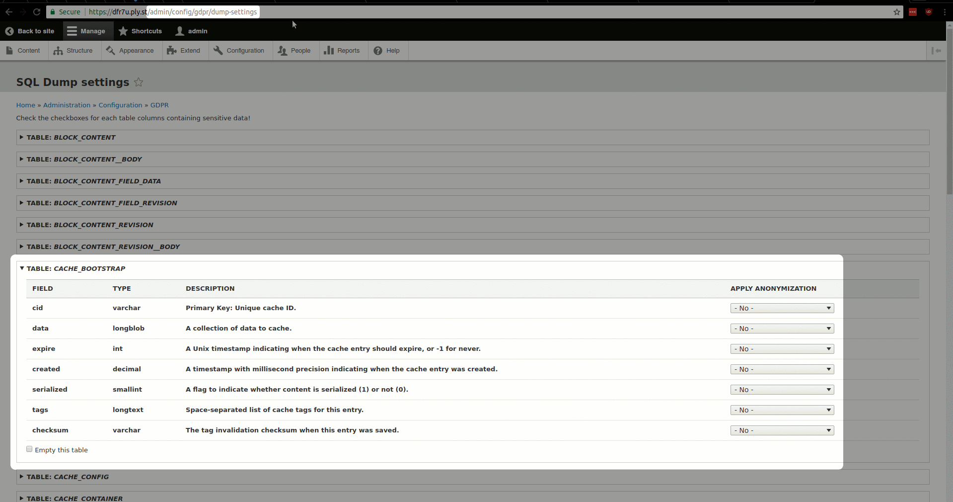 GDPR dump admin UI