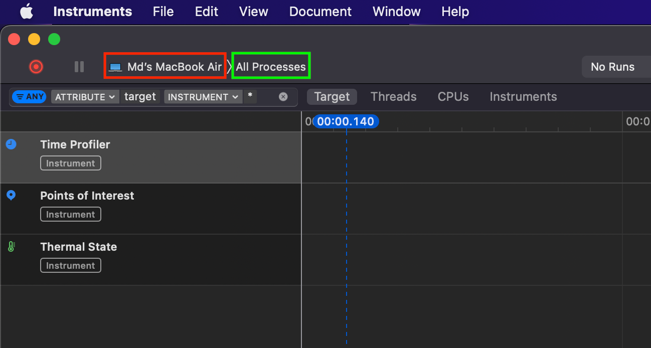 Xcode Instruments: **Time Profiler **(Top left corner view)